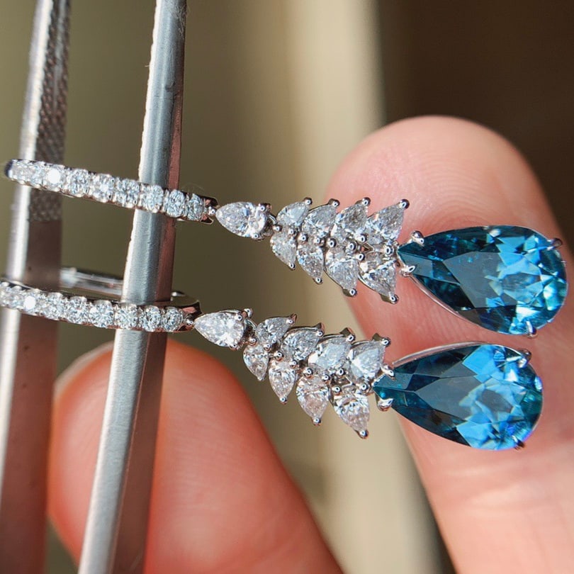 14k Gold 2.75 Ctw Natural Aquamarine & Diamond Earrings - 6