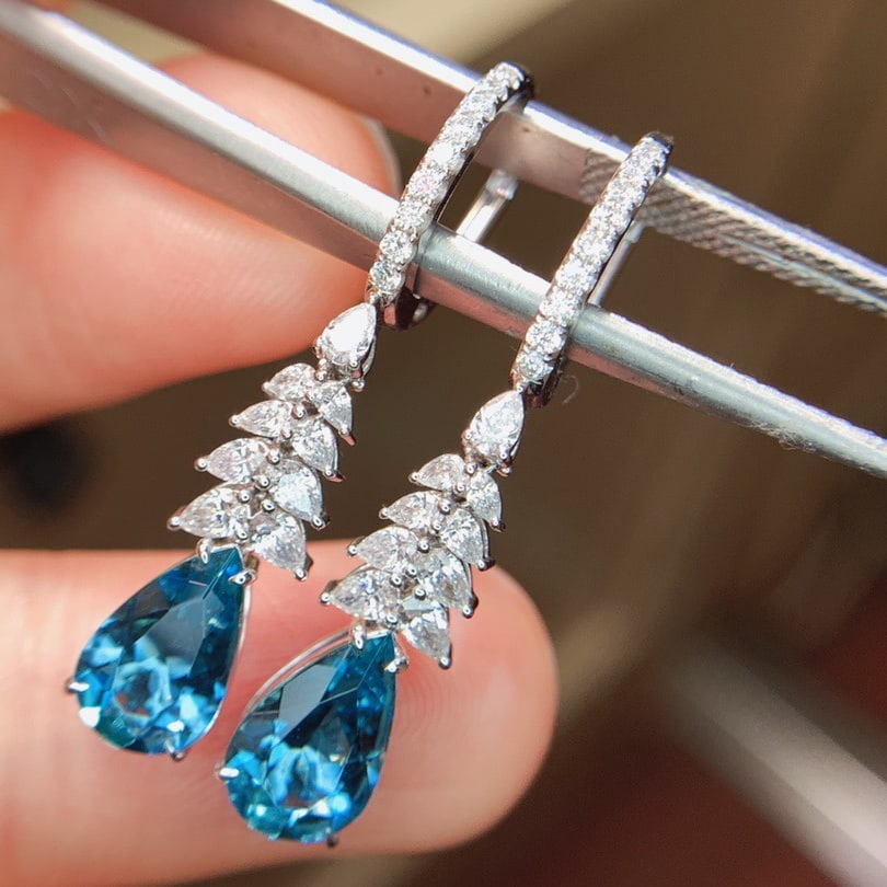 14k Gold 2.75 Ctw Natural Aquamarine & Diamond Earrings - 7