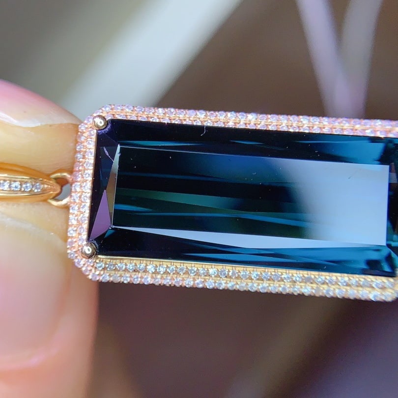 14k Gold 15.76 Ct Natural Tourmaline & Diamond Pendant( Without Chain ) - 4