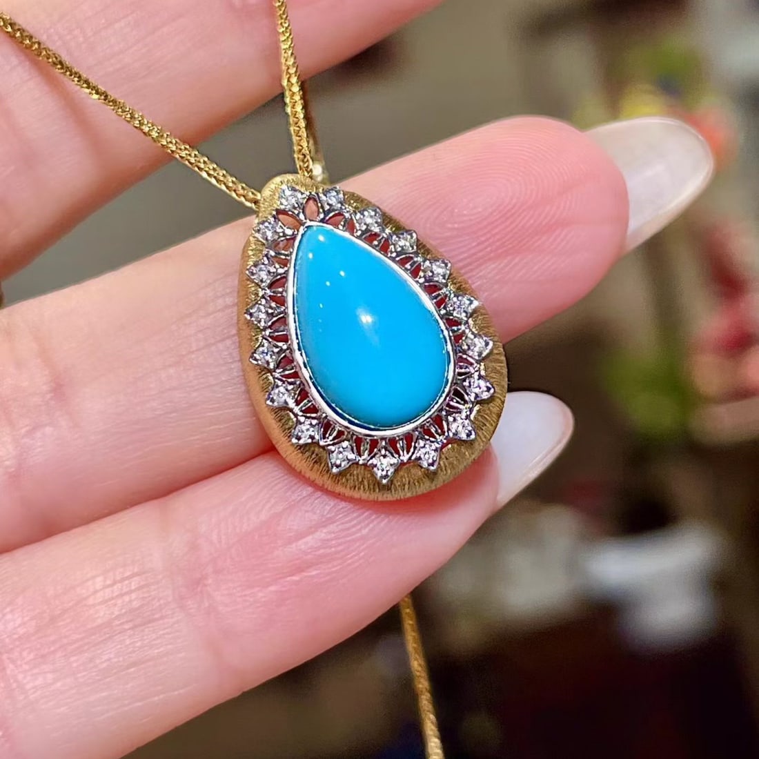 14k Gold 2.98 Ctw Natural Blue Turquoise & Diamond Pendant( Without Chain ) - 2