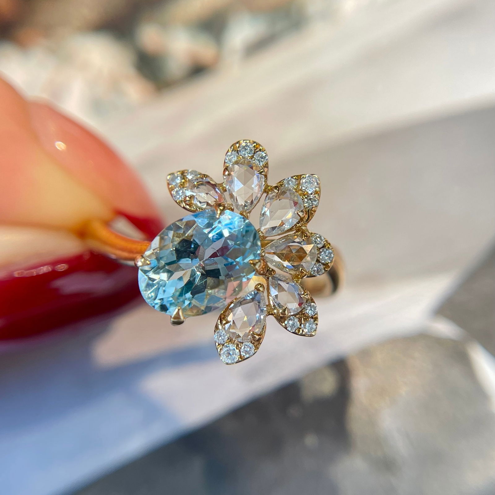 14k Gold 1 Ct Natural Aquamarine & Diamond & Sapphire Ring - 6