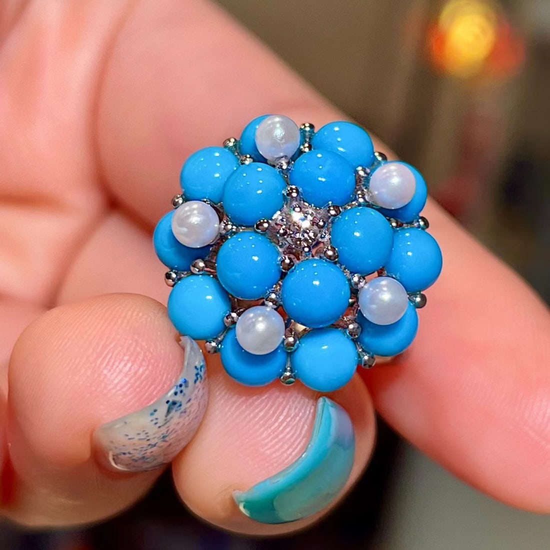 14k Gold 4.65 Ctw Natural Blue Turquoise & Diamond Ring - 2