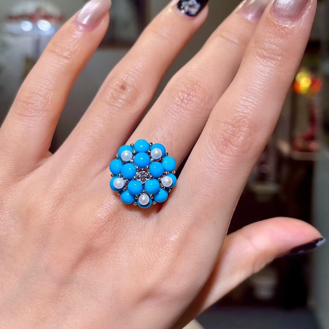 14k Gold 4.65 Ctw Natural Blue Turquoise & Diamond Ring - 4