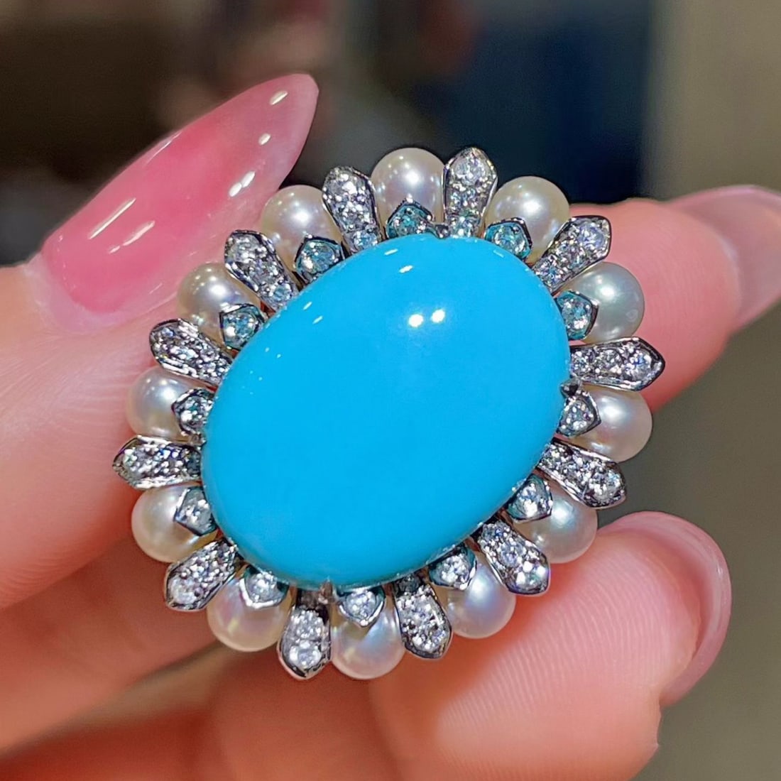 14k Gold 8.39 Ctw Natural Blue Turquoise & Diamond Ring - 2