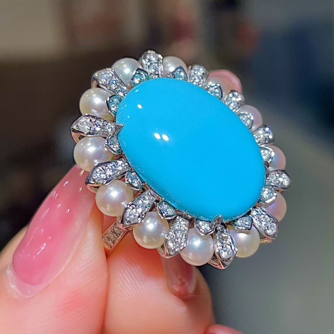 14k Gold 8.39 Ctw Natural Blue Turquoise & Diamond Ring - 3