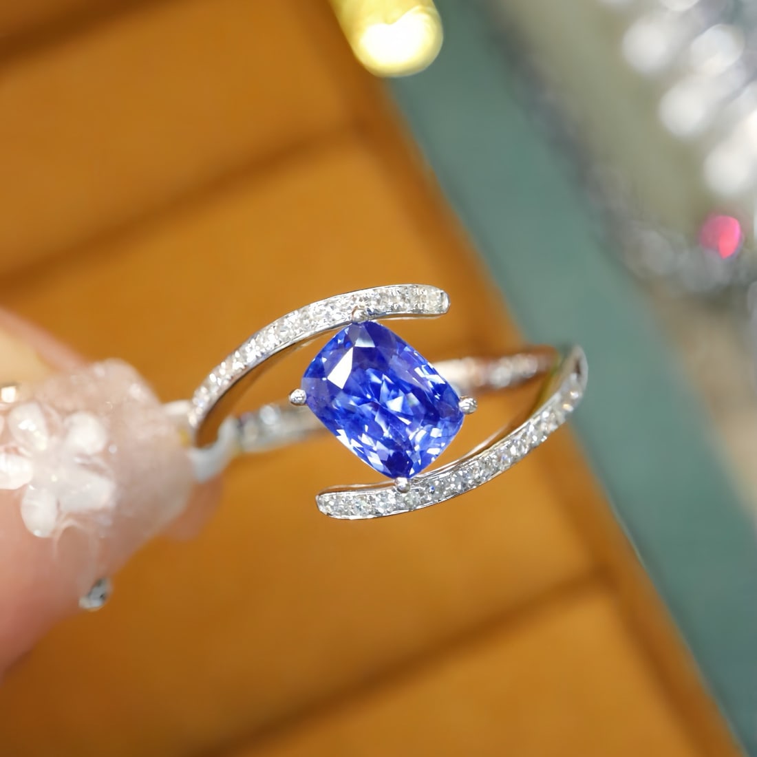 14k Gold 1.19 Ctw Natural Sapphire & Diamond Ring: Ref:231132217 // gold content:14k gold // ring size:7. 25us // // main gemstone:sapphire // shape:cushion // carat weight:1. 05ct // color:blue // treatment:natural // // adjacent gemstone 2 :