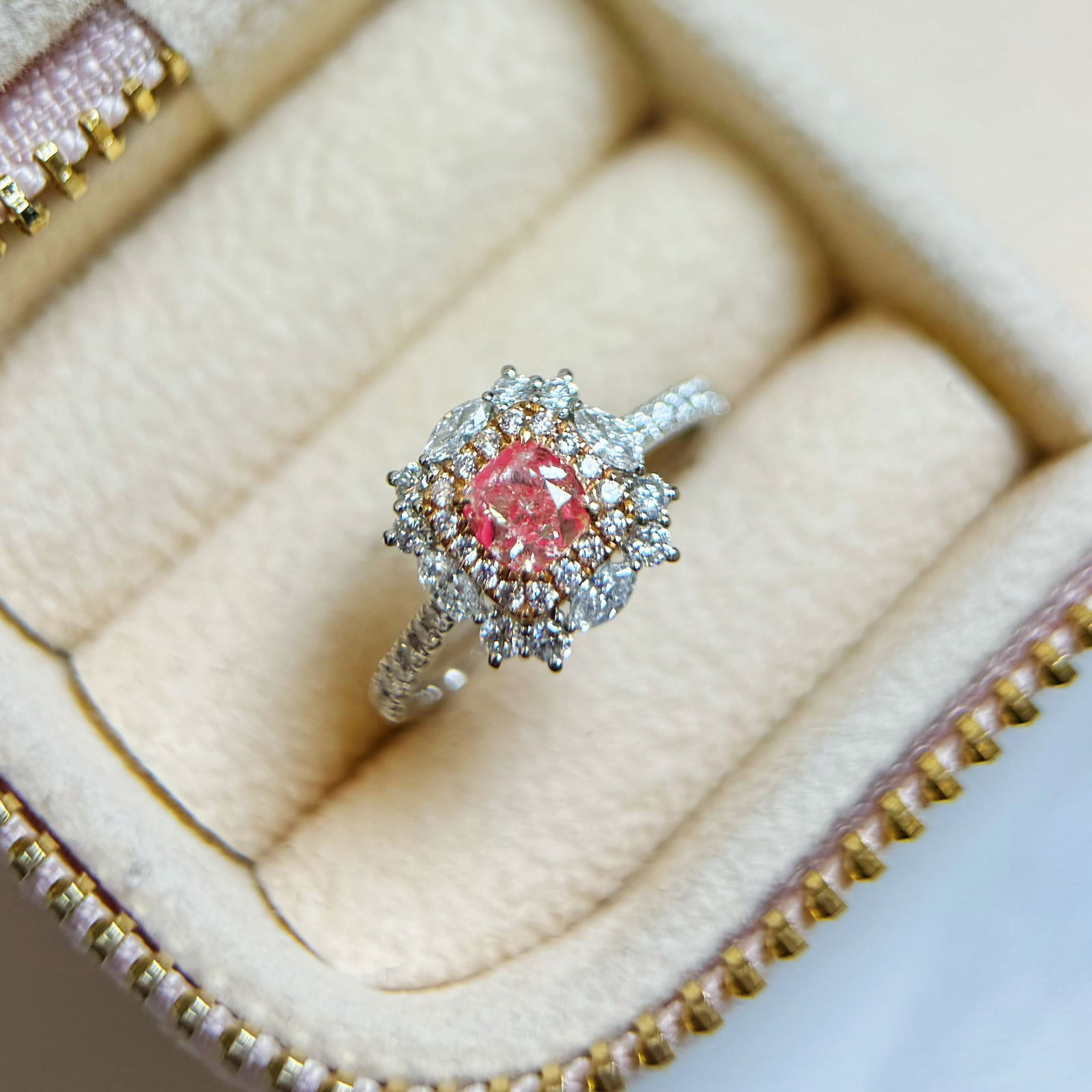 14k Gold 1.15 Ctw Natural Pink Diamond & Diamond Ring: Ref:231132228 // gold content:14k gold // ring size:7. 25us // // main gemstone:pink diamond // shape:cushion // carat weight:0. 57ct // color:pink // treatment:natural // // adjacent gemstone 2 :