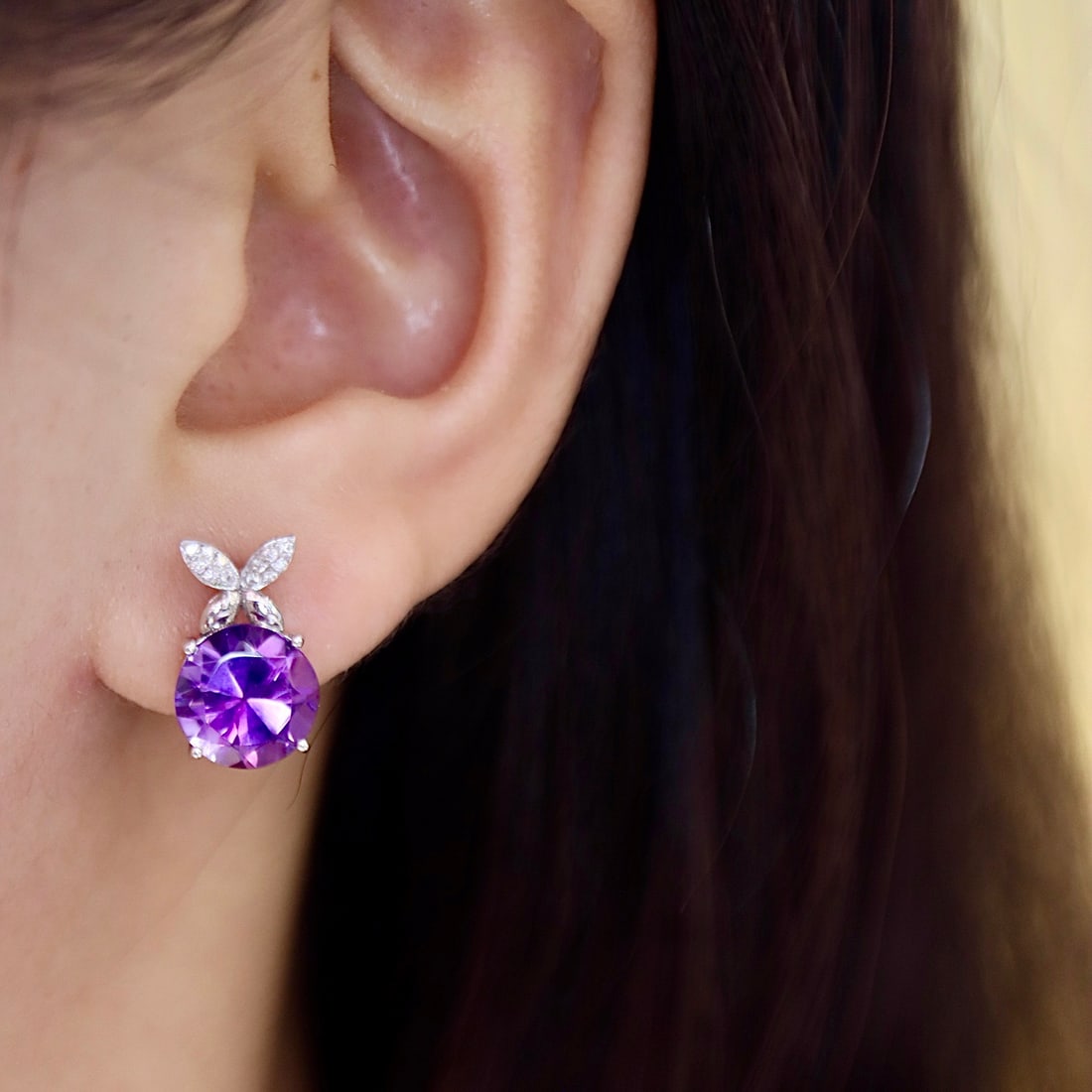 14k Gold 3.64 Ctw Natural Amethyst & Diamond Earrings - 6