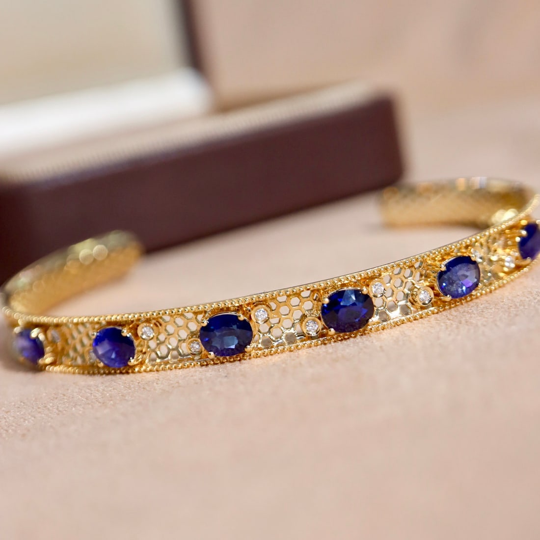 14k Gold 3.39 Ctw Natural Sapphire & Diamond Bangle - 3
