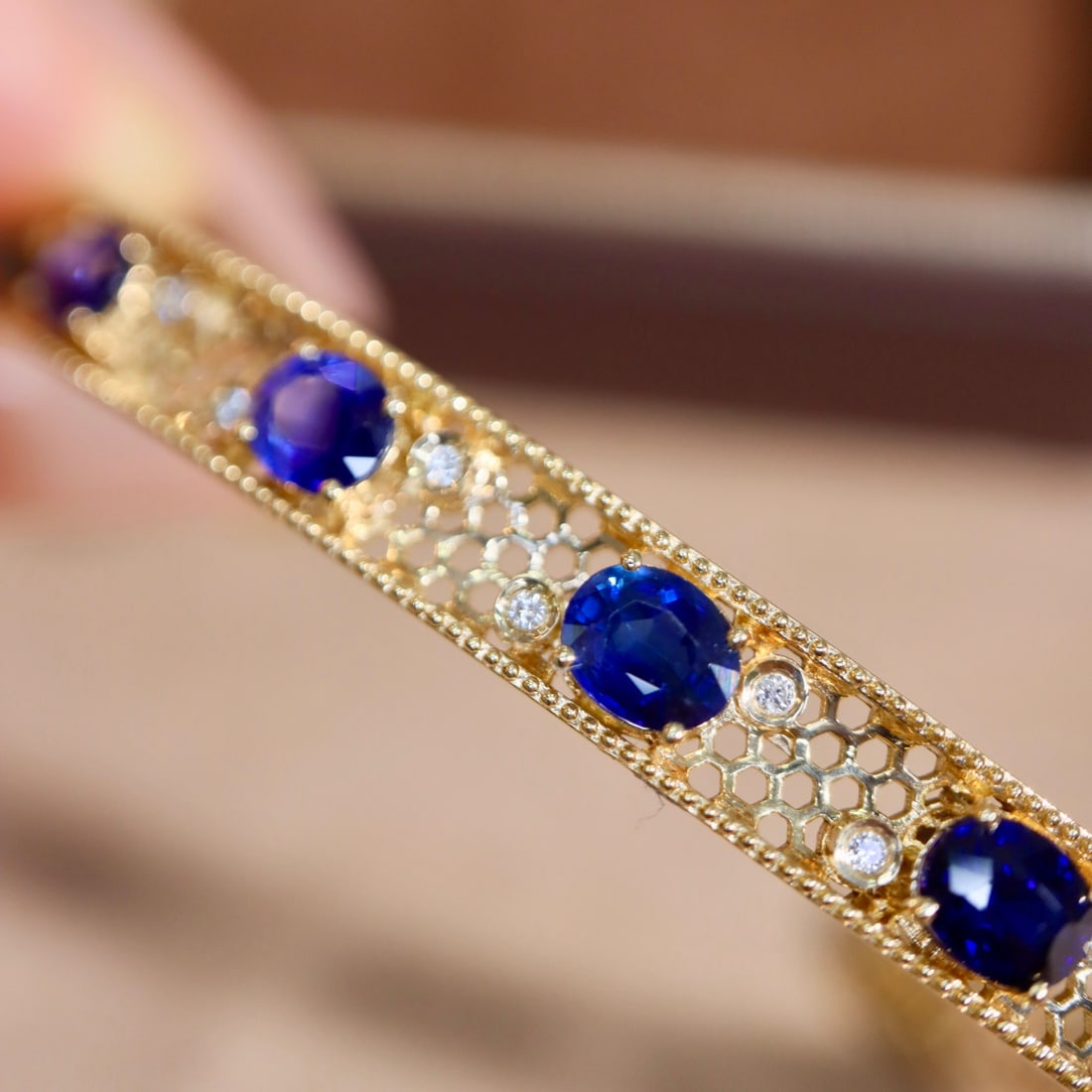 14k Gold 3.39 Ctw Natural Sapphire & Diamond Bangle - 5