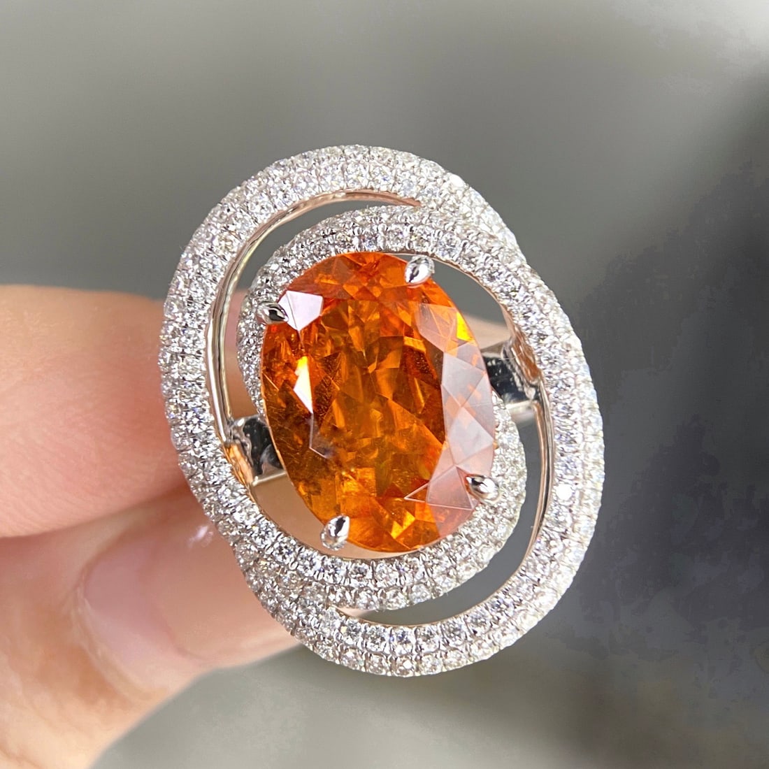 14k Gold 8.25 Ctw Natural Spessartine & Diamond Ring/pendant( Without Chain ): Ref:231132368 // gold content:14k gold // ring size:7. 25us // // main gemstone:spessartine // shape:oval // carat weight:7. 20ct // color:orange // treatment:natural // // adjacent gemstone 2 :
