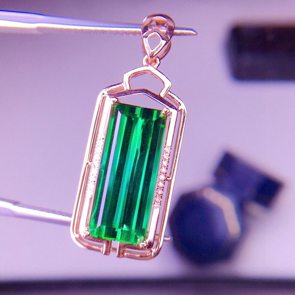 14k Gold 5.81 Ct Natural Tourmaline & Diamond Pendant( Without Chain ) - 2