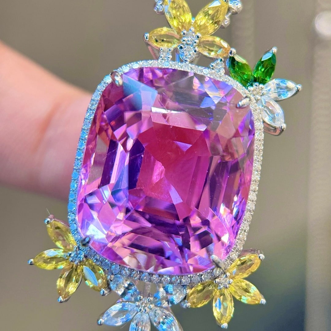 14k Gold 34.86 Ctw Natural Kunzite & Diamond Pendant( Without Chain ) - 3