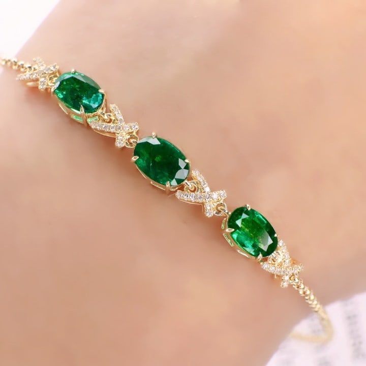 14k Gold 2.06 Ctw Vivid Green Natural Emerald & Diamond Bracelet - 3