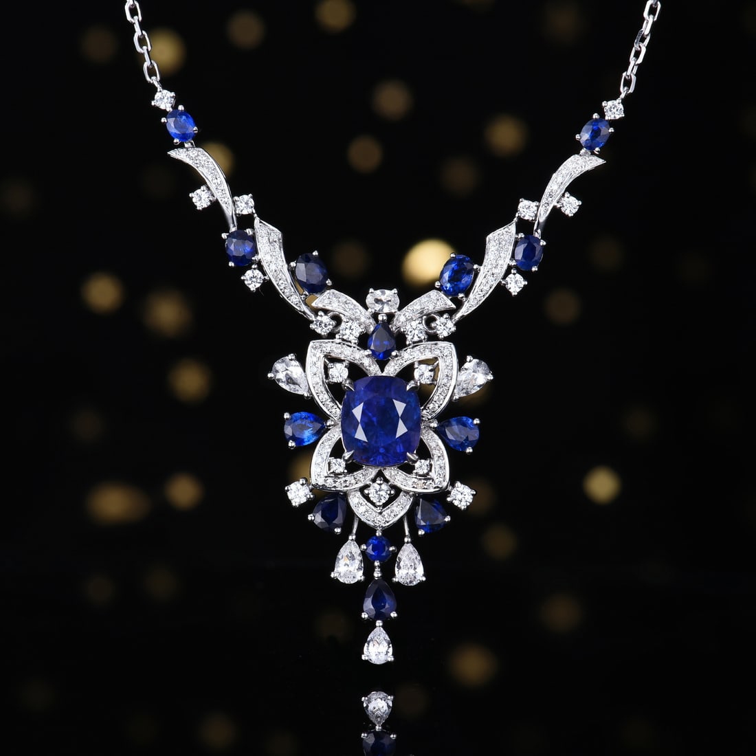 14k Gold 3.38 Ctw Natural Sapphire & Diamond Necklace: Ref:231132391 // gold content:14k gold // main gemstone:sapphire // shape:cushion // carat weight:3. 1ct // color:blue // treatment:natural // // adjacent gemstone 2 : diamond // number of