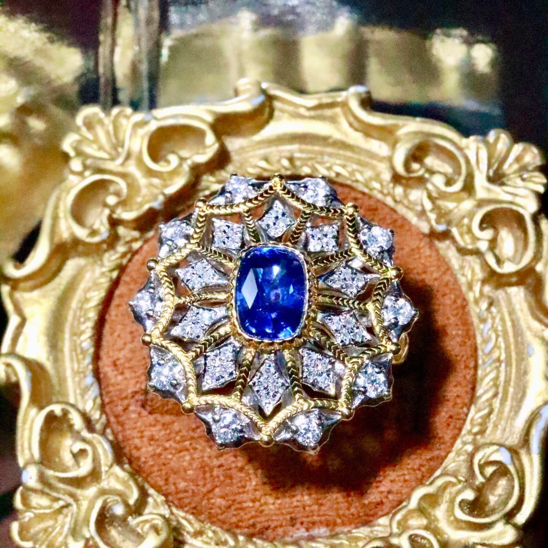 14k Gold 1.24 Ctw Natural Sapphire & Diamond Ring: Ref:231132394 // gold content:14k gold // ring size:7. 25us // // main gemstone:sapphire // shape:cushion // carat weight:1. 06ct // color:blue // treatment:natural // // adjacent gemstone 2 :