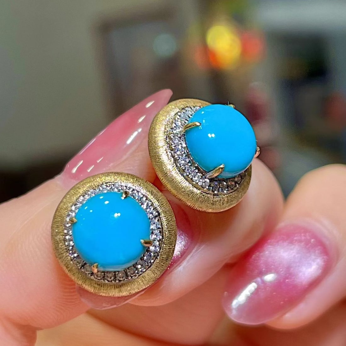 14k Gold 4.27 Ctw Natural Blue Turquoise & Diamond Earrings - 2