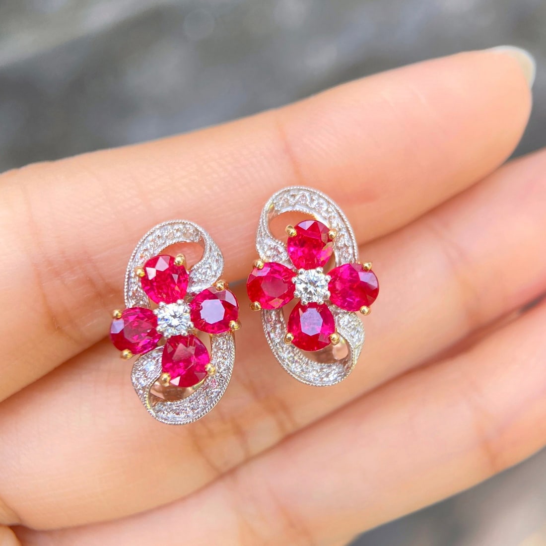 14k Gold 3.34 Ctw Natural Ruby & Diamond Earrings - 2