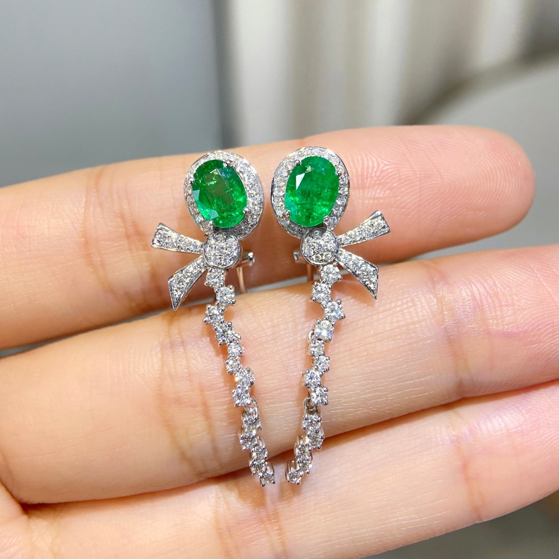14k Gold 2.96 Ctw Vivid Green Natural Emerald & Diamond Earrings - 2