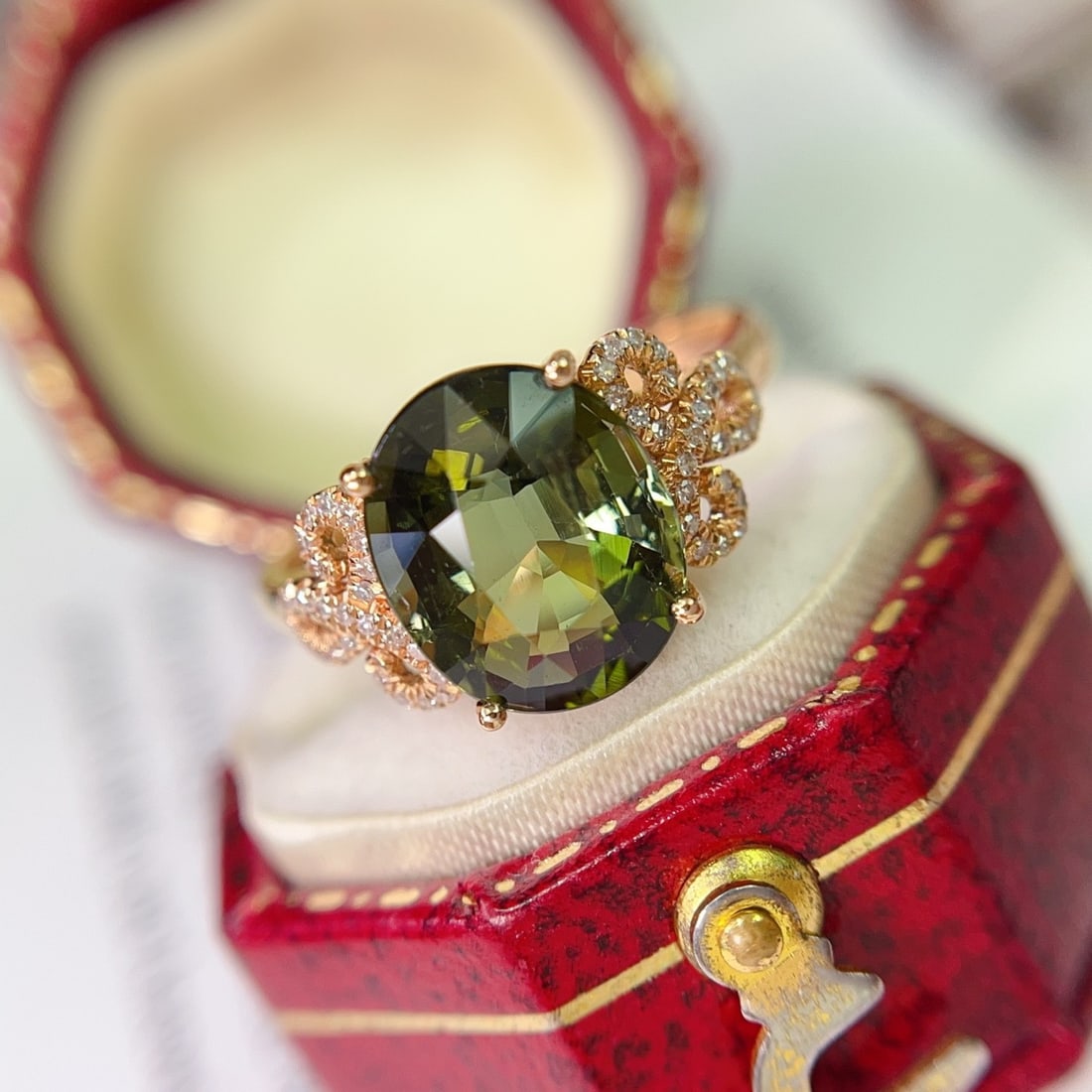 14k Gold 3.15 Ct Natural Tourmaline & Diamond Ring: Ref:231132423 // gold content:14k gold // ring size:7. 25us // // main gemstone:tourmaline // shape:oval // carat weight:3. 15ct // color:green // treatment:natural // // adjacent gemstone 2 :