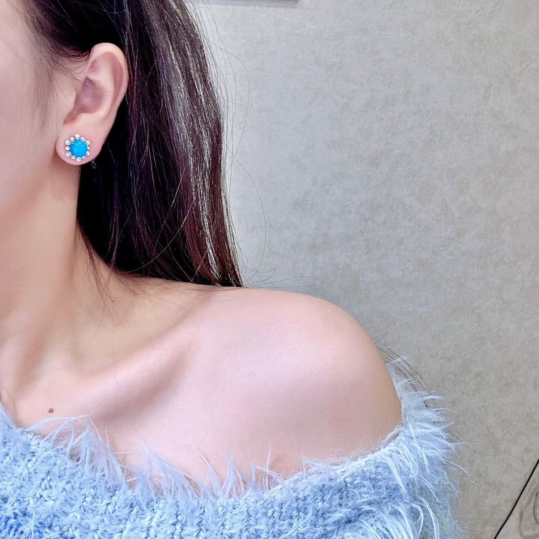 14k Gold 4.26 Ctw Natural Blue Turquoise & Diamond Earrings - 3