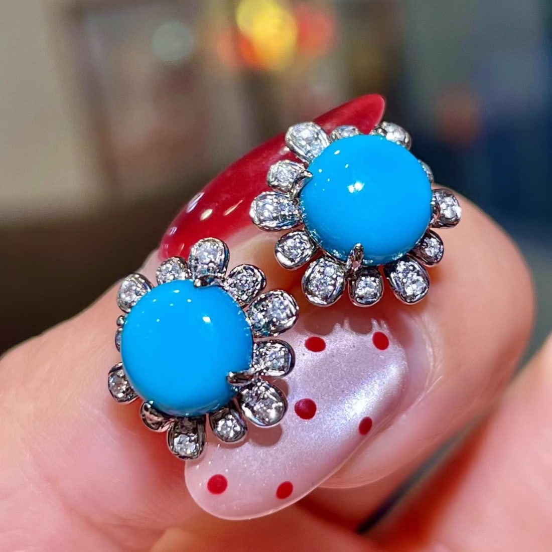 14k Gold 4.26 Ctw Natural Blue Turquoise & Diamond Earrings - 4