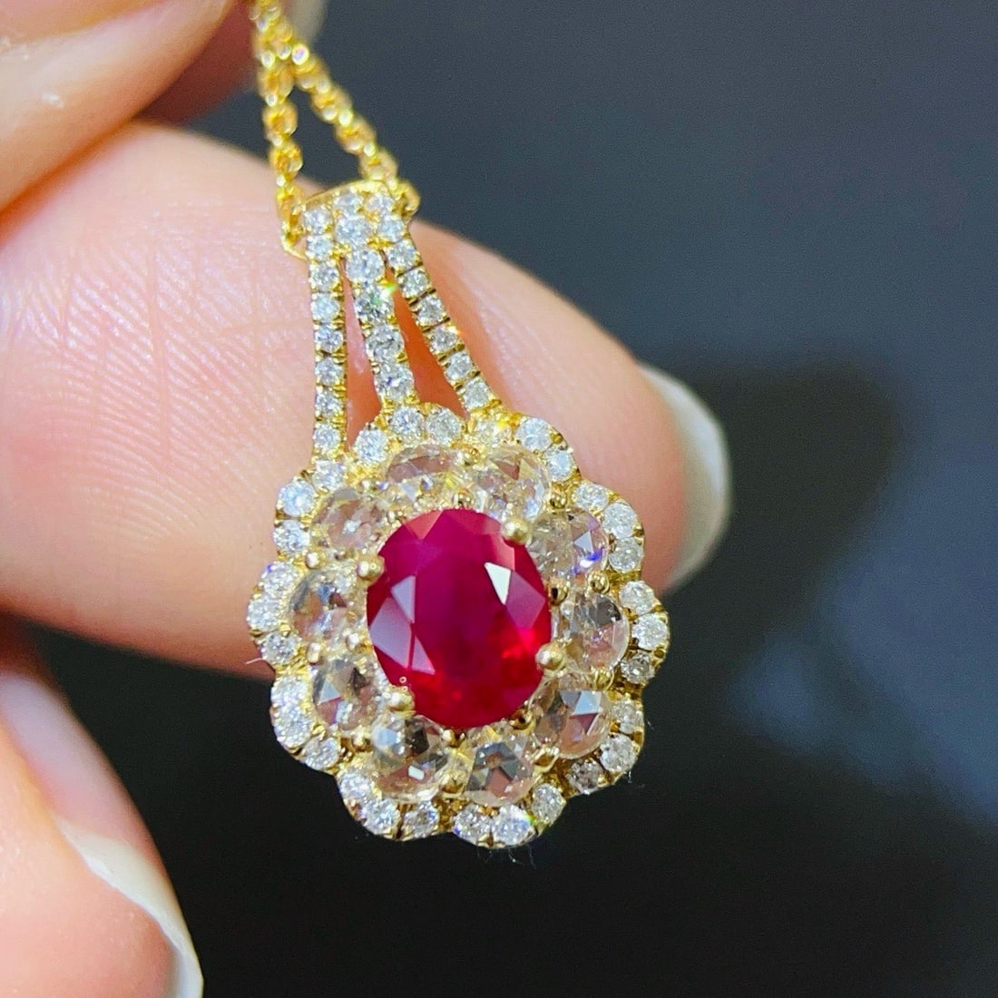 14k Gold 1.56 Ctw Natural Ruby & Diamond Pendant( Without Chain ): Ref:231132430 // gold content:14k gold // main gemstone:ruby // shape:oval // carat weight:1. 03ct // color:red // treatment:natural // // adjacent gemstone 2 : diamond // shape:round // carat