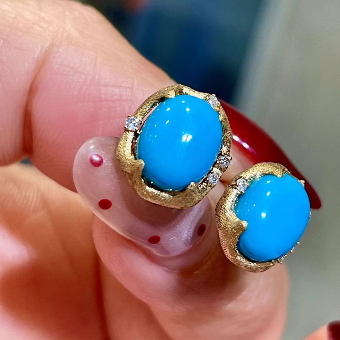 14k Gold 3.84 Ctw Natural Blue Turquoise & Diamond Earrings - 3