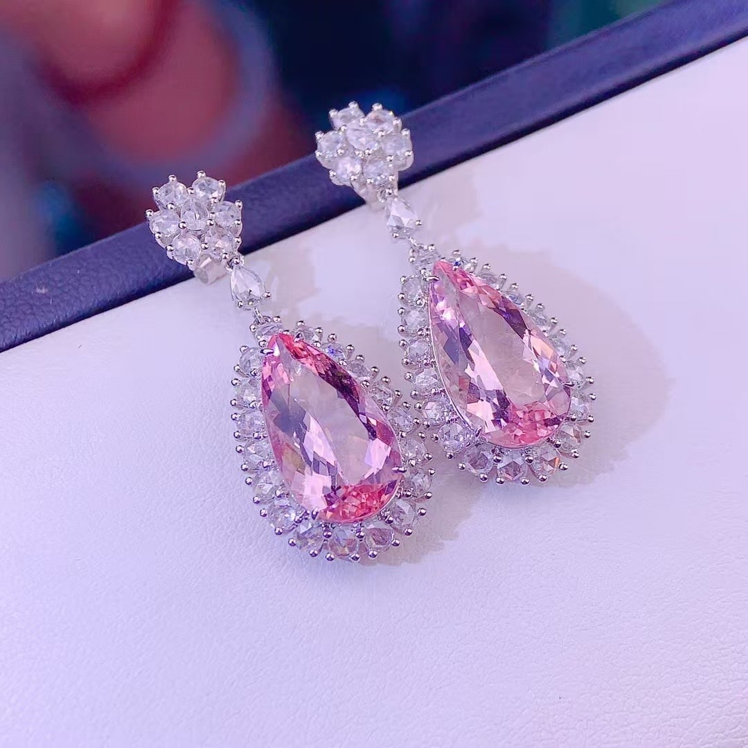 14k Gold 8 Ct Natural Morganite & Diamond Earrings - 2