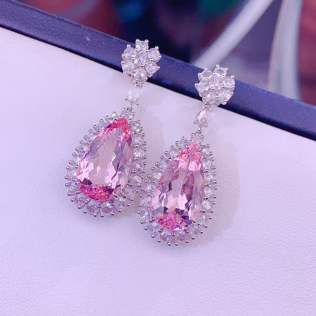 14k Gold 8 Ct Natural Morganite & Diamond Earrings - 3