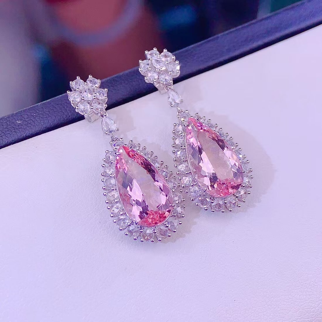 14k Gold 8 Ct Natural Morganite & Diamond Earrings - 4