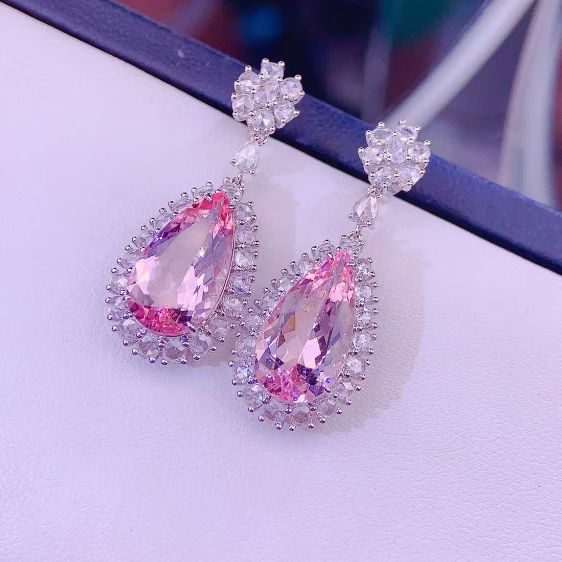 14k Gold 8 Ct Natural Morganite & Diamond Earrings - 5