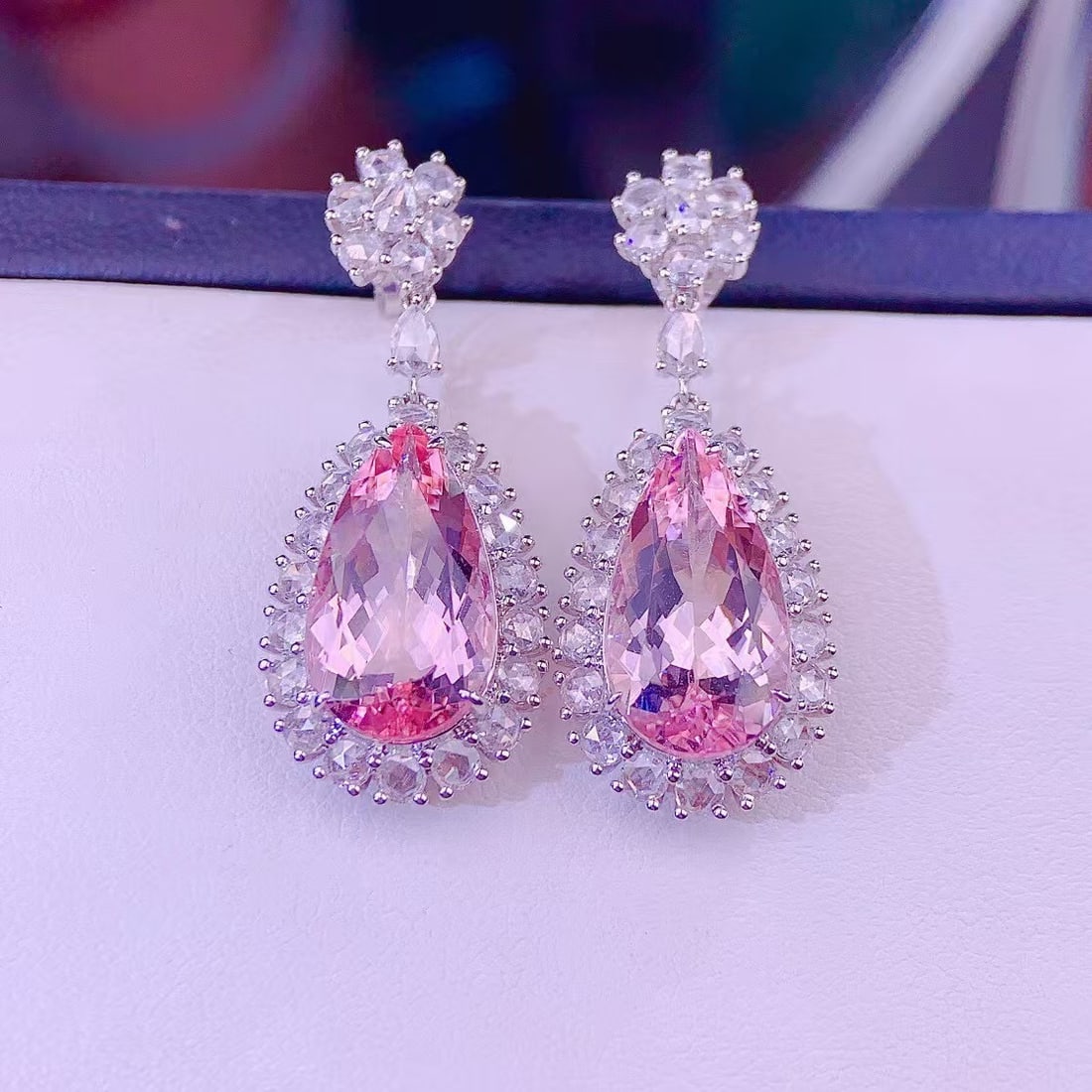 14k Gold 8 Ct Natural Morganite & Diamond Earrings - 6