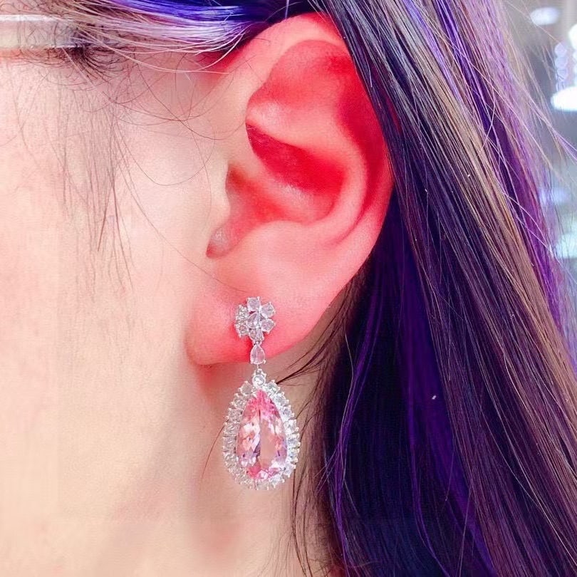 14k Gold 8 Ct Natural Morganite & Diamond Earrings - 7