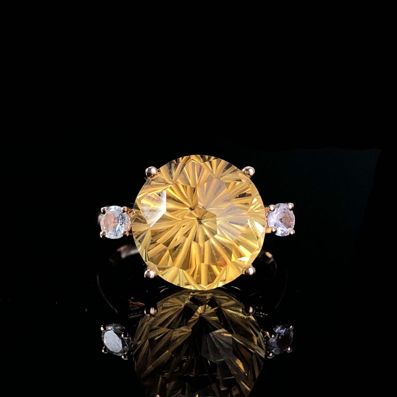 14k Gold 6.35 Ct Natural Citrine & Sapphire Ring: Ref:230999059 // gold content:14k gold // ring size:7. 25us // // main gemstone:citrine // shape:round // carat weight:6. 35ct // color:yellow // treatment:natural // cut grade:g // // adjacent