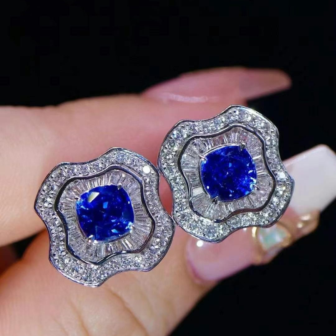14k Gold 3.42 Ctw Natural Sapphire & Diamond Earrings: Ref:230999135 // gold content:14k gold // main gemstone:sapphire // shape:cushion // carat weight:2. 16ct // color:royal blue // treatment:natural // // adjacent gemstone 2 : diamond // shape:multiply