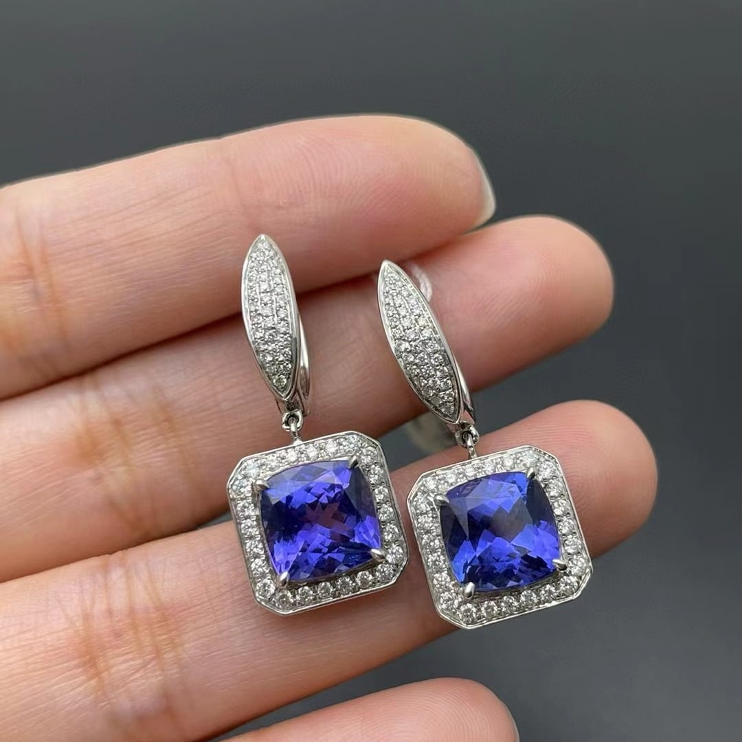 14k Gold 5.77 Ctw Natural Tanzanite & Diamond Earrings: Ref:230999152 // gold content:14k gold // main gemstone:tanzanite // shape:cushion // carat weight:5. 13ct // color:blue // treatment:natural // // adjacent gemstone 2 : diamond // shape:round // cara
