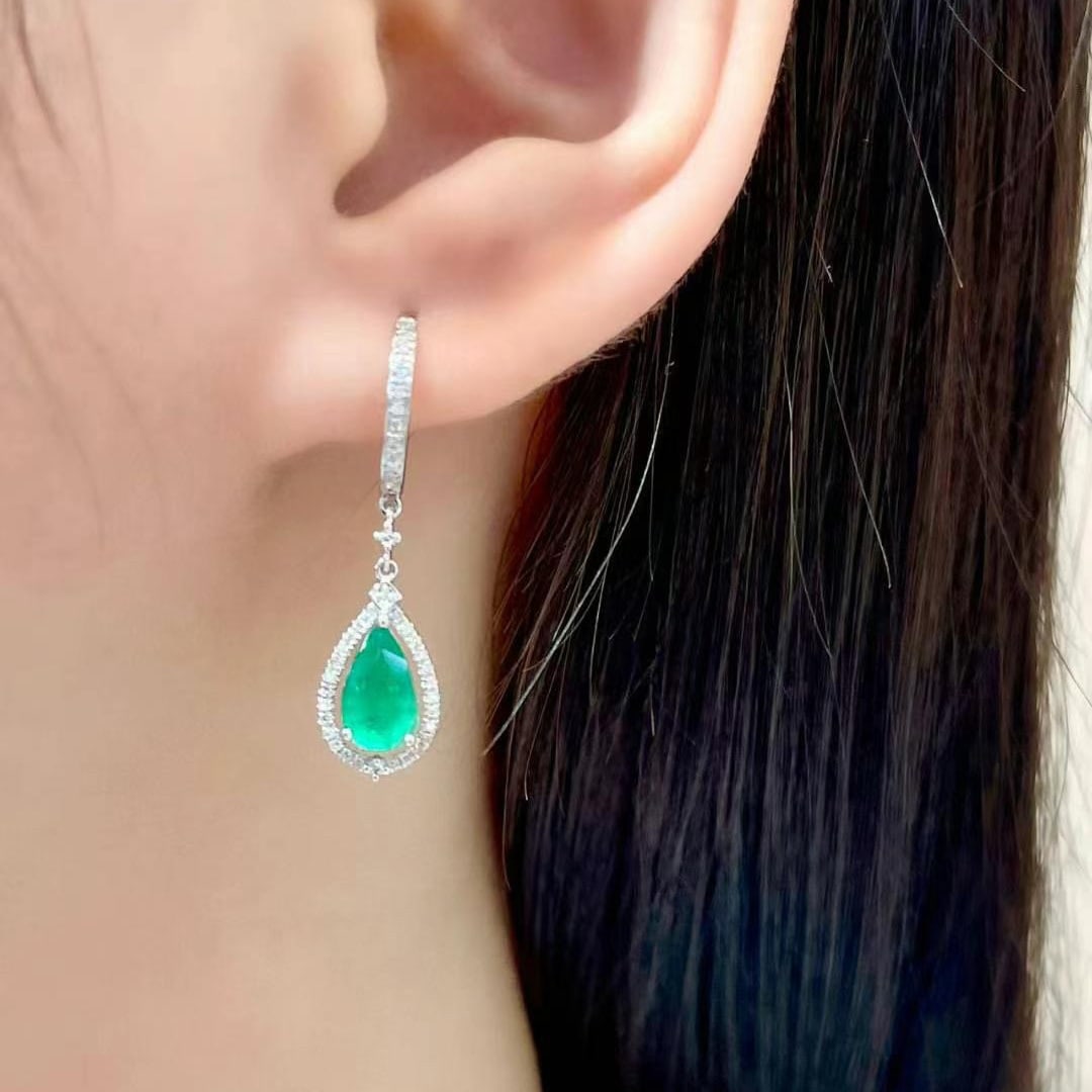 14k Gold 1.35 Ct Vivid Green Natural Emerald & Diamond Earrings - 5