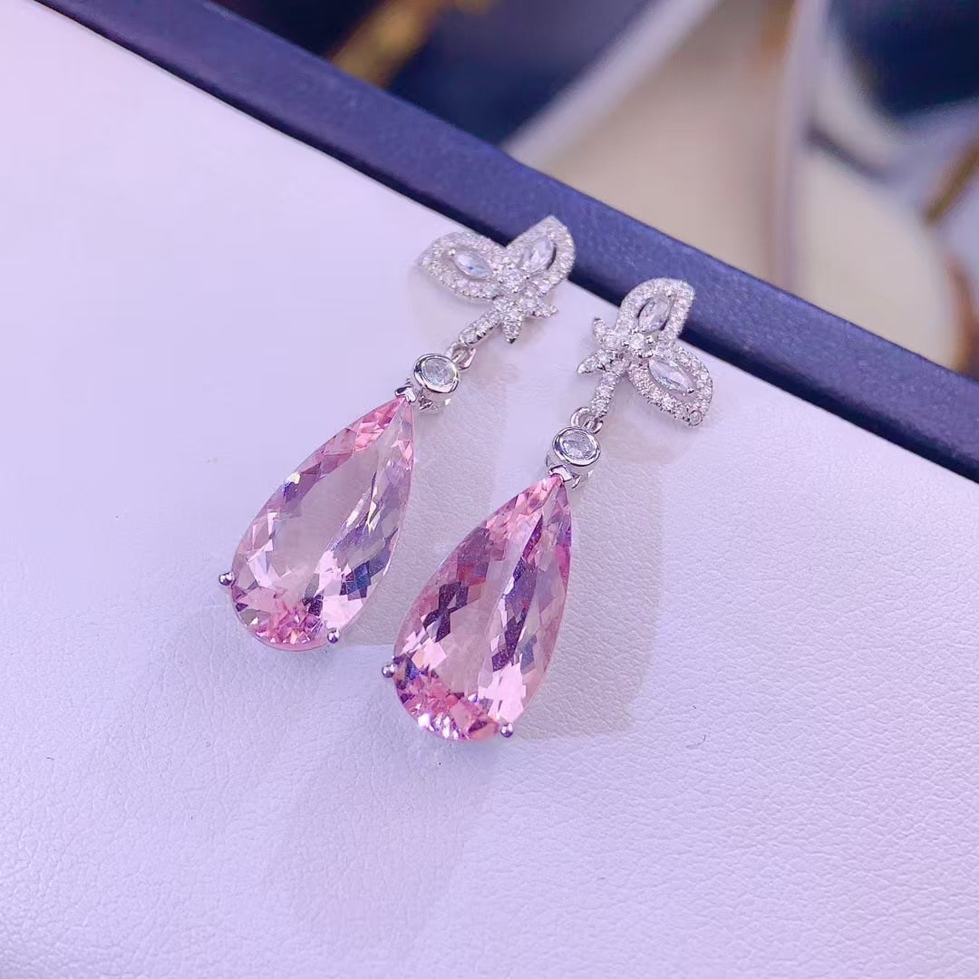 14k Gold 7.5 Ct Natural Morganite & Diamond Earrings - 2