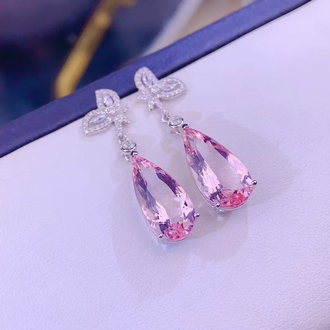 14k Gold 7.5 Ct Natural Morganite & Diamond Earrings - 3