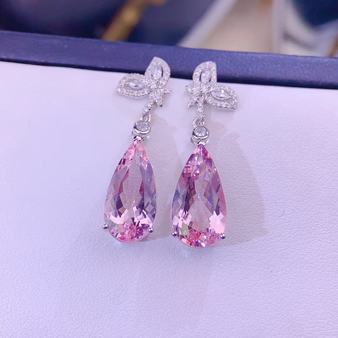 14k Gold 7.5 Ct Natural Morganite & Diamond Earrings - 4