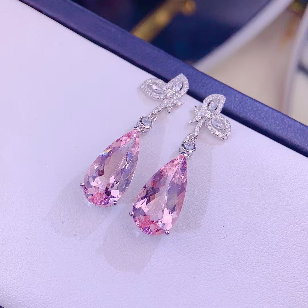 14k Gold 7.5 Ct Natural Morganite & Diamond Earrings - 5