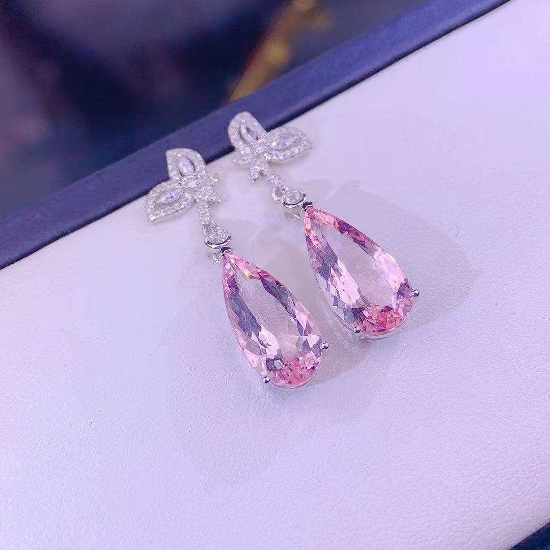 14k Gold 7.5 Ct Natural Morganite & Diamond Earrings - 6