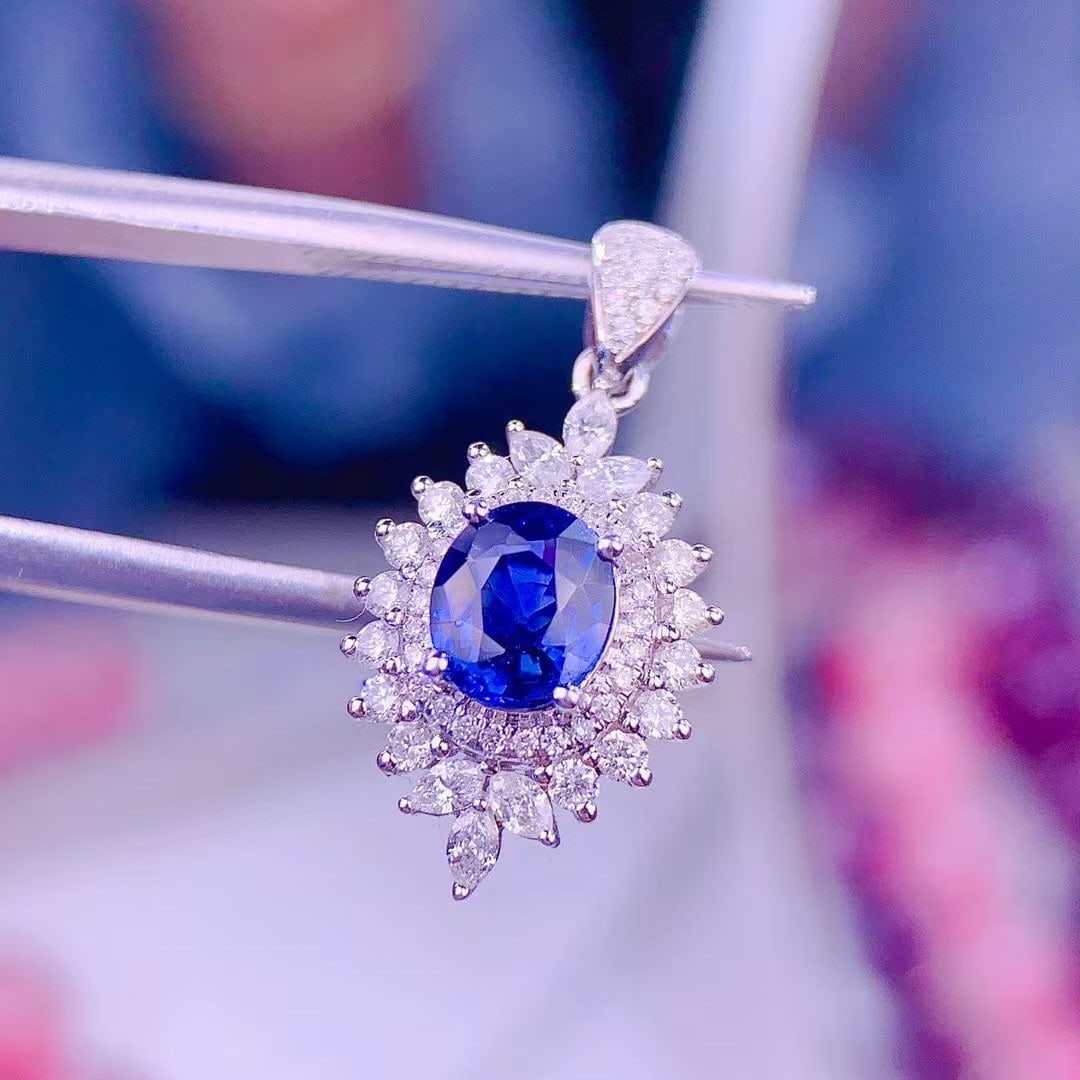 14k Gold 0.85 Ct Vivid Blue Natural Sapphire & Diamond Pendant( Without Chain ) - 3