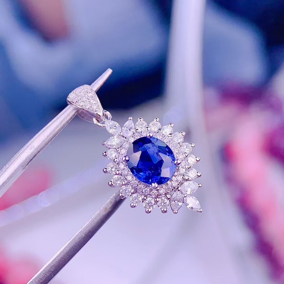 14k Gold 0.85 Ct Vivid Blue Natural Sapphire & Diamond Pendant( Without Chain ) - 4