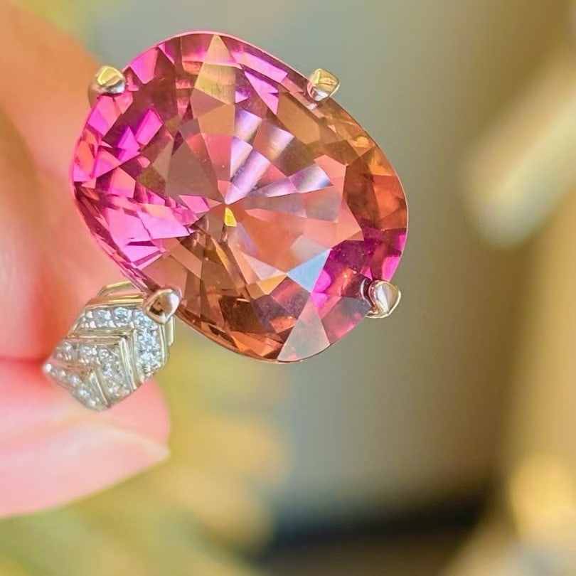 14k Gold 12.45 Ct Natural Tourmaline & Diamond Ring - 2