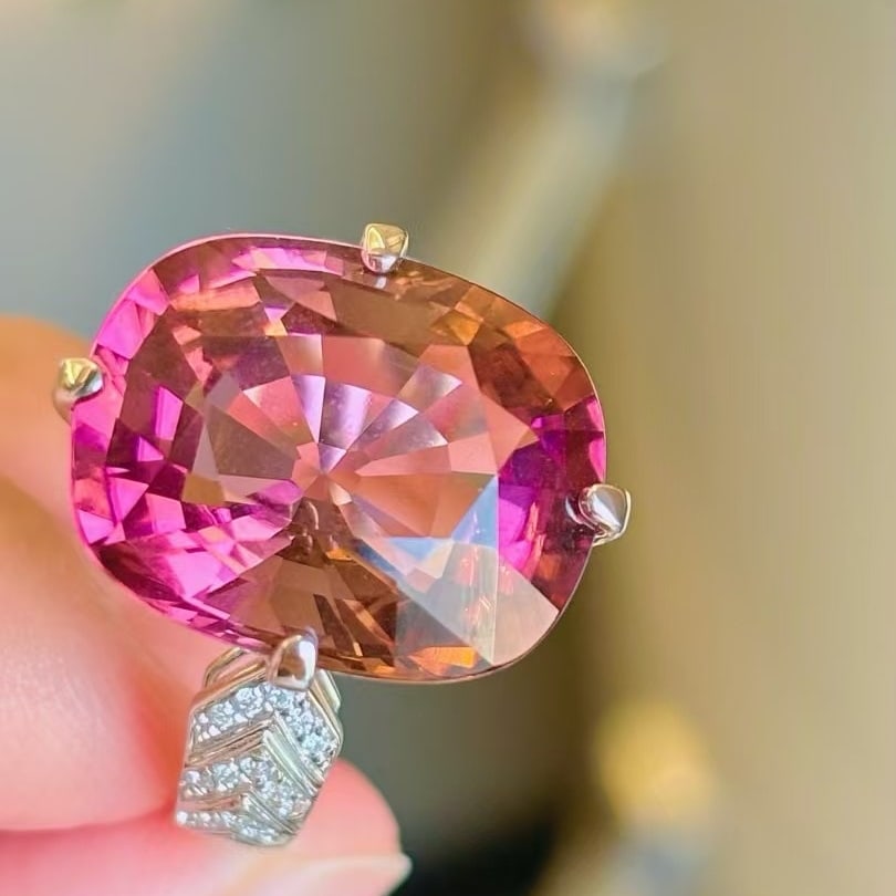 14k Gold 12.45 Ct Natural Tourmaline & Diamond Ring - 3