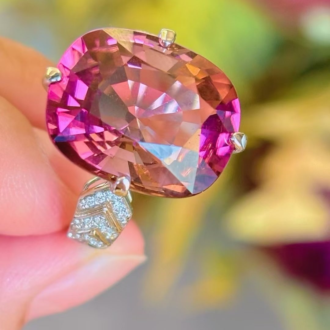 14k Gold 12.45 Ct Natural Tourmaline & Diamond Ring - 4