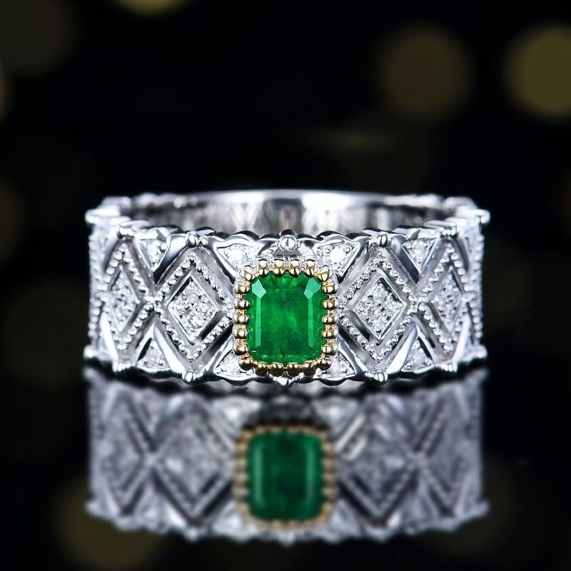 14k Gold 0.88 Ctw Vivid Green Natural Emerald & Diamond Ring: Ref:230999204 // gold content:14k gold // ring size:7. 25us // // main gemstone:emerald // shape:octagonal // carat weight:0. 7ct // color:vivid green // treatment:natural // // adjacent gemstone