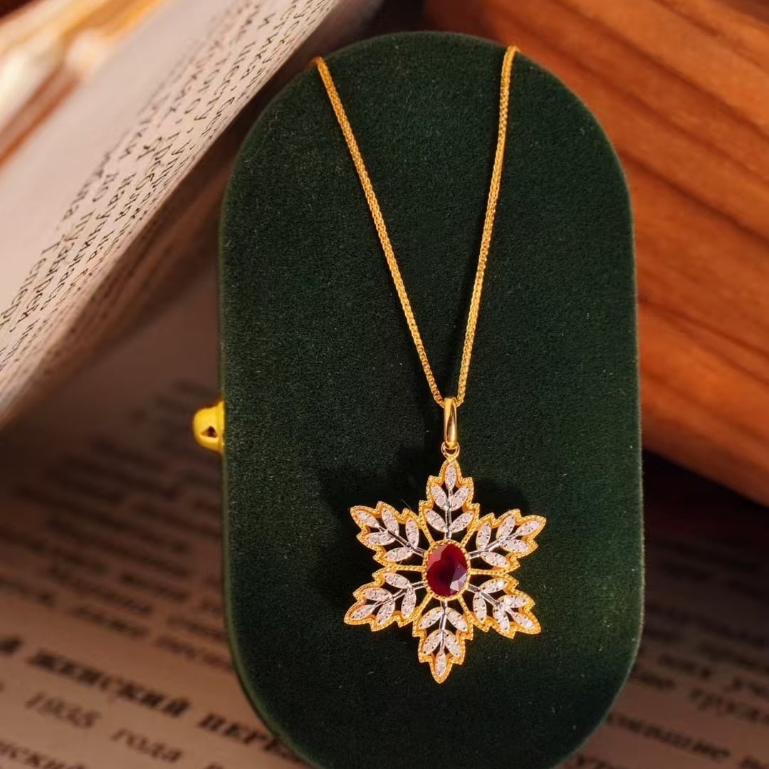 14k Gold 0.73 Ct Vivid Red Natural Ruby & Diamond Necklace: Ref:230999210 // gold content:14k gold // main gemstone:ruby & diamond // shape:oval & round // carat weight:0. 73ct // color:vivid red & h // treatment:natural // Condition: NewLow Estimate: